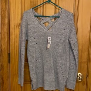 Grey sweater with crochet back